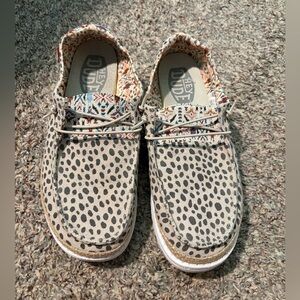 Women Hey Dude Wendy pieced bisbee. Slip-On in Beige with Black Spot Print
